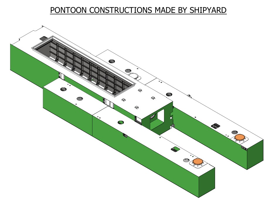 Completed pontoon hull exterior — standard steel plate construction